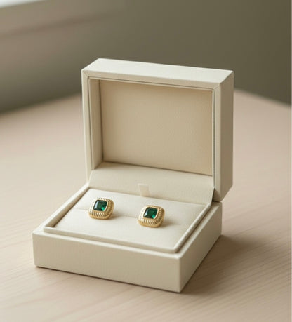 Emerald Radiance: Vintage Gold-Twist Square Studs