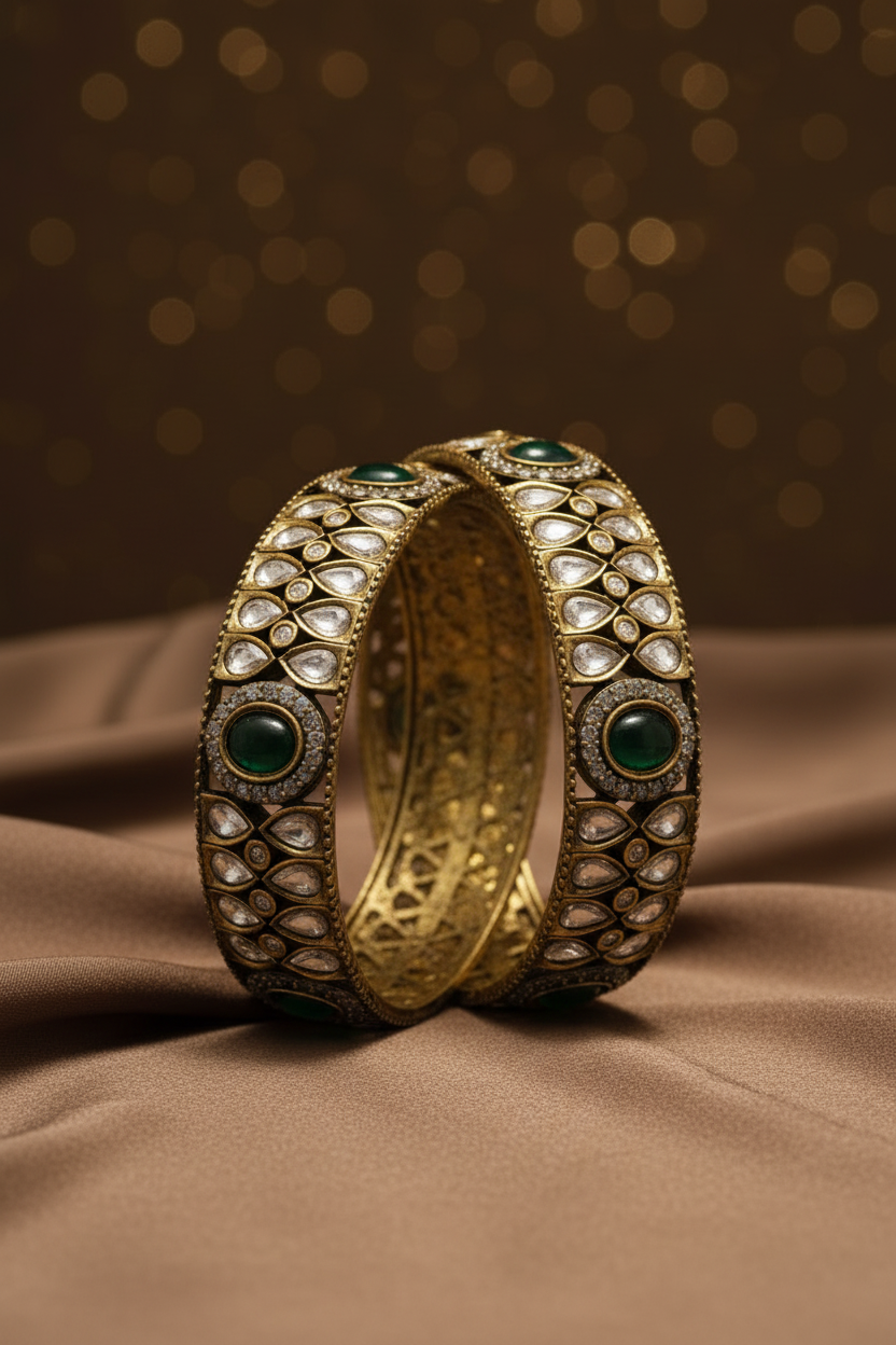 Victorian Heritage Antique Moissanite Kada Bangle with Emerald Green Accent