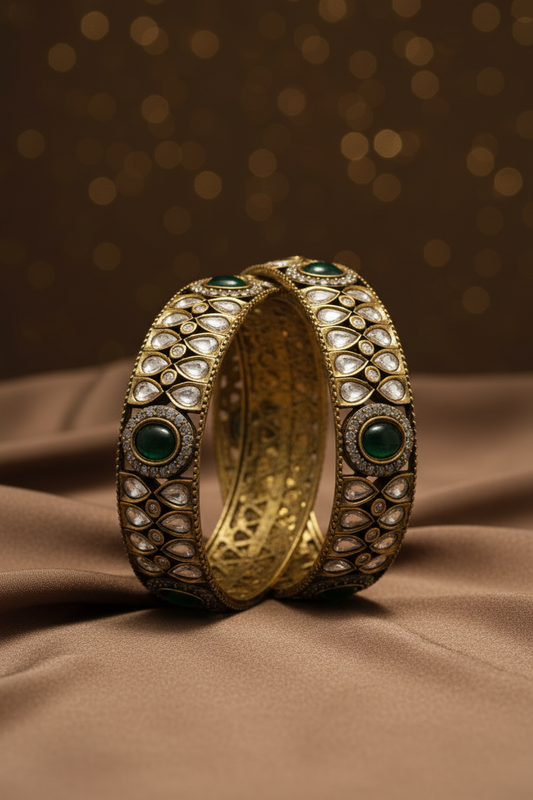 Victorian Heritage Antique Moissanite Kada Bangle with Emerald Green Accent