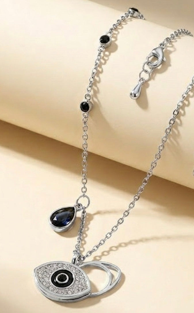 The Azure Guardian – 18k Gold Plated Triple Blue Stone & Symbolic Eye Necklace with Blue Teardrop CRYSTAL