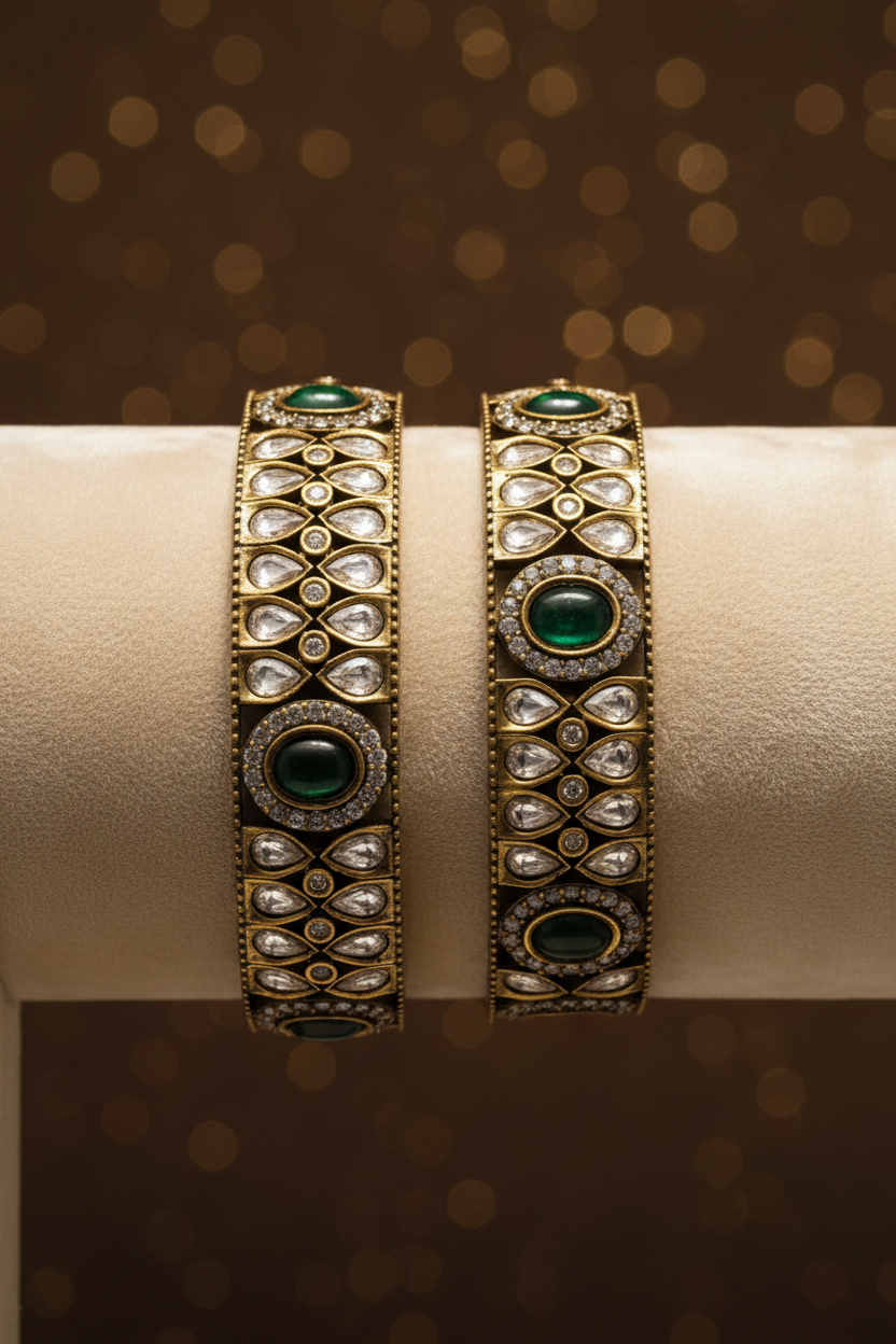 Victorian Heritage Antique Moissanite Kada Bangle with Emerald Green Accent
