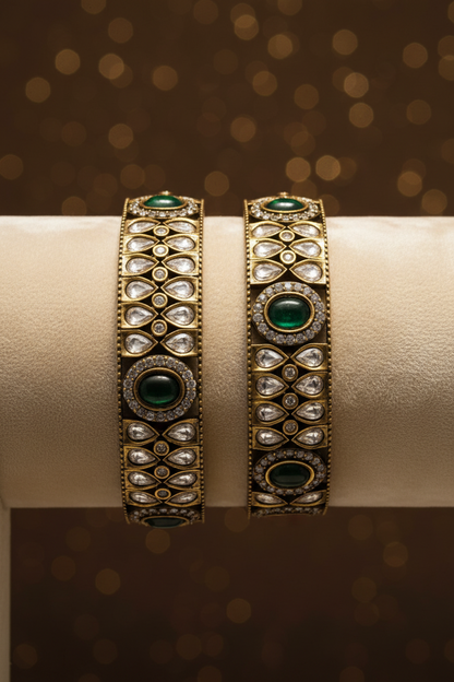 Victorian Heritage Antique Moissanite Kada Bangle with Emerald Green Accent