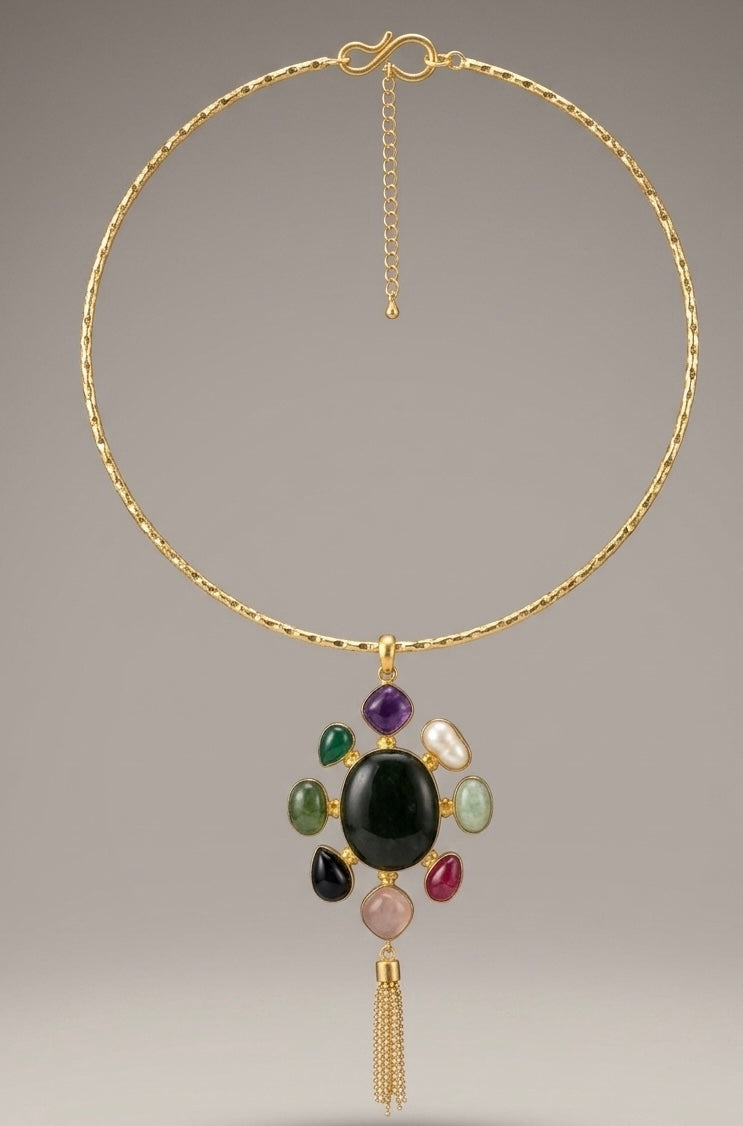 Iridescent Abalone Shell Pendant in Filigree Gold plated Brass Setting with Modular Chain and Hasli Collar Pairings