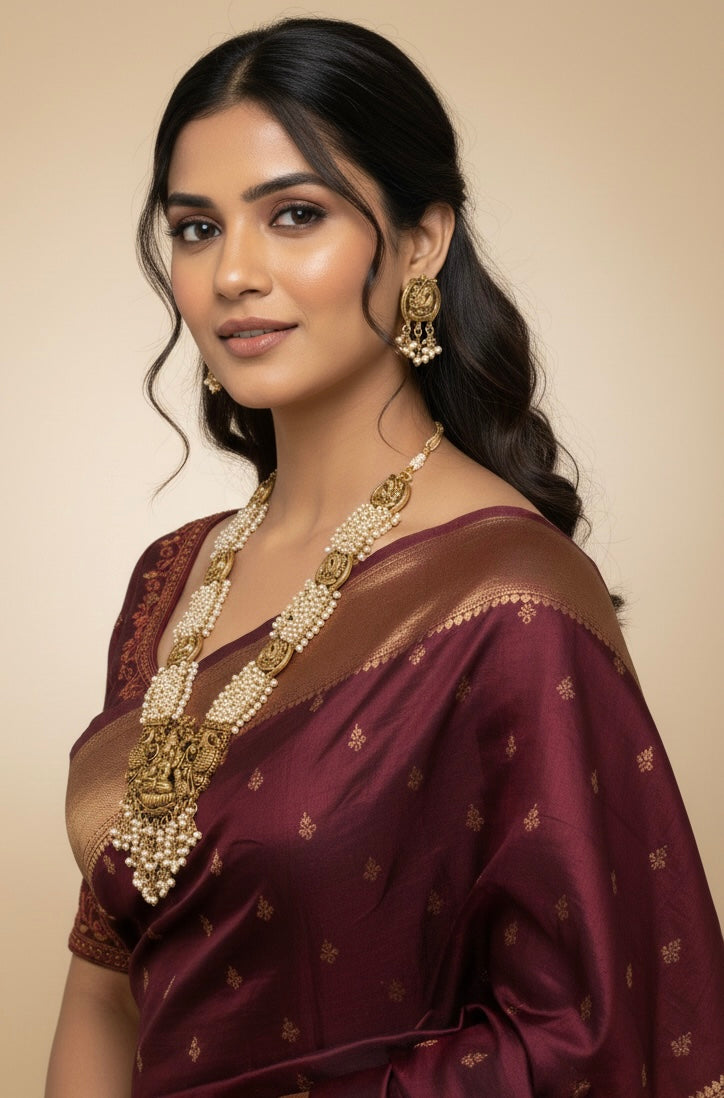 Divine Lakshmi Temple Harram Set: Antique Gold & Pearl Cluster
