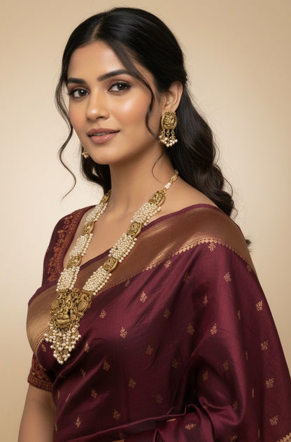 Divine Lakshmi Temple Harram Set: Antique Gold & Pearl Cluster