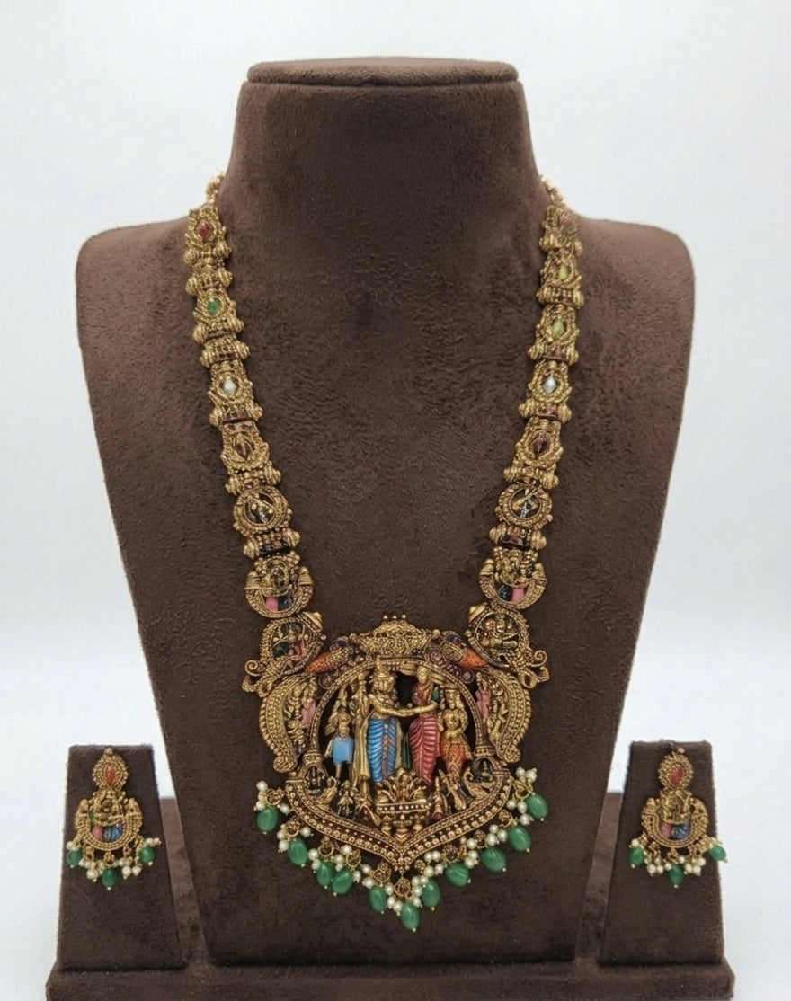 Srinivasa Kalyanam Tradition Haram with Hand-Painted Enamel and Emerald Green Beads