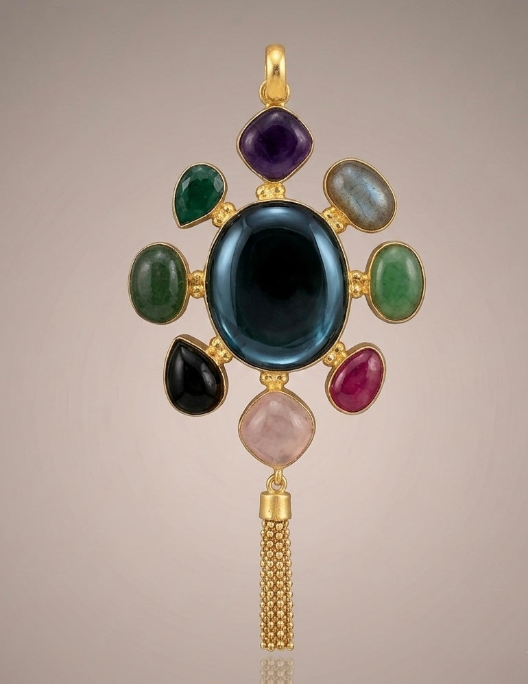 Iridescent Abalone Shell Pendant in Filigree Gold plated Brass Setting with Modular Chain and Hasli Collar Pairings