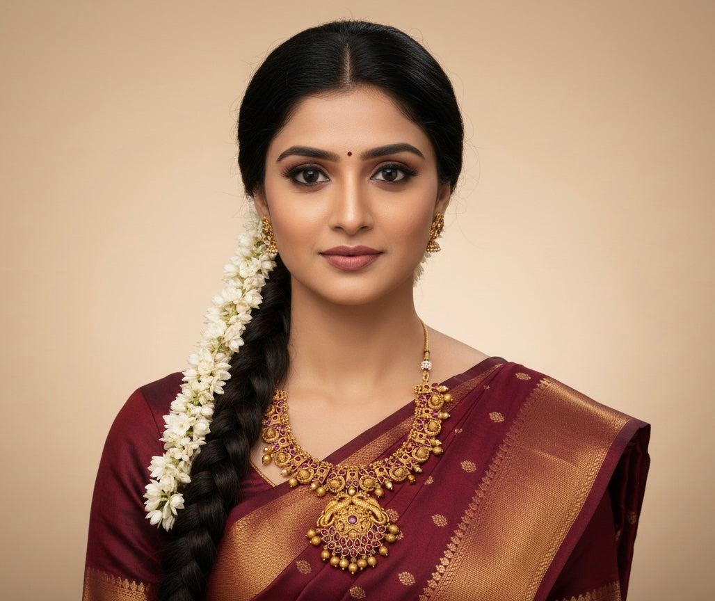 Antique Red Gold finish Peacock necklace : A Radiant Statement of Temple Artistry