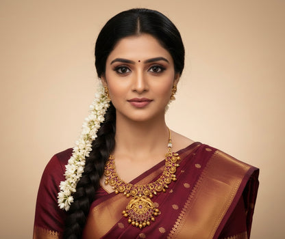 Antique Red Gold finish Peacock necklace : A Radiant Statement of Temple Artistry