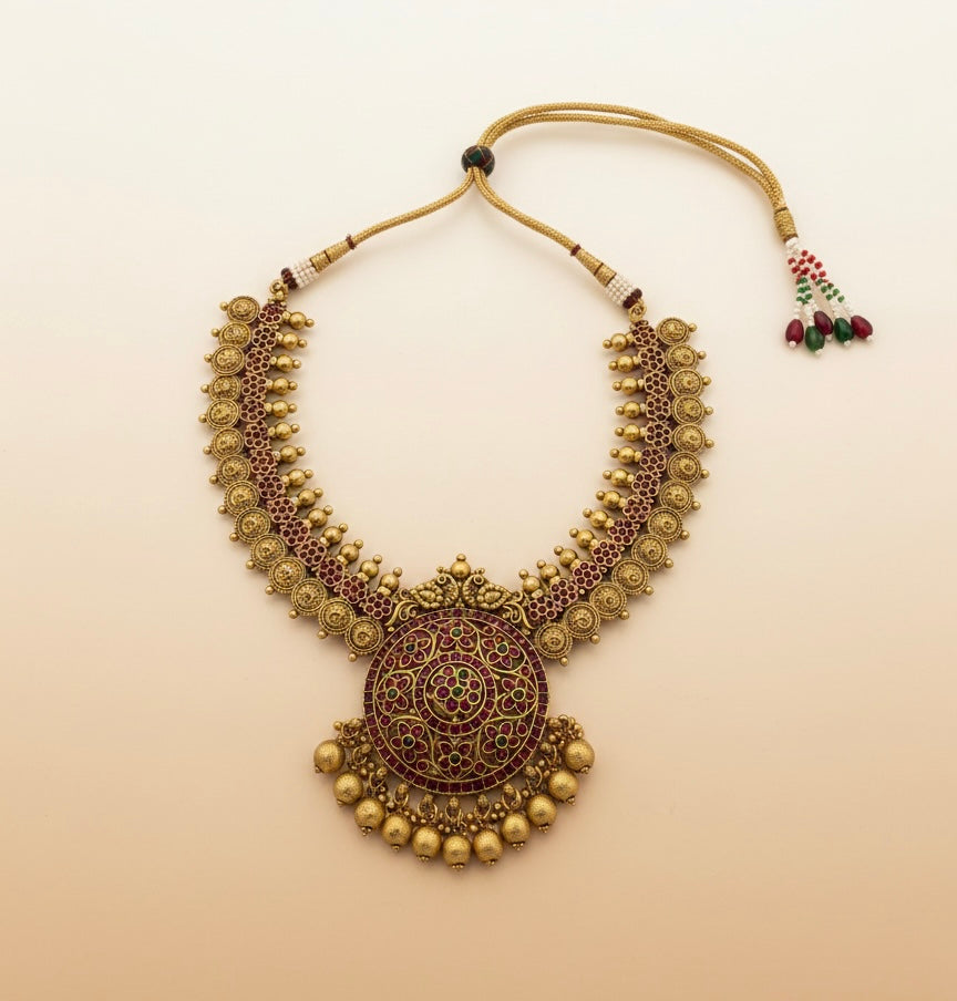 Antique Temple Heritage Collar: Majestic Peacock Padak & Intricate Coin Detailing