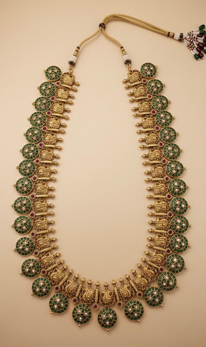 The Grand Heritage Peacock Haram: 10-Medallion Long Necklace in Antique Gold & Hand-Set Stones