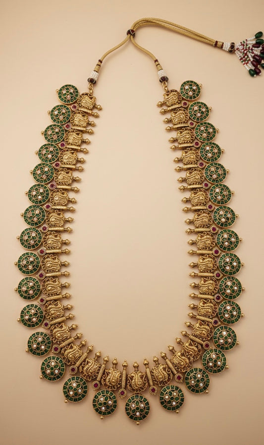 The Grand Heritage Peacock Haram: 10-Medallion Long Necklace in Antique Gold & Hand-Set Stones