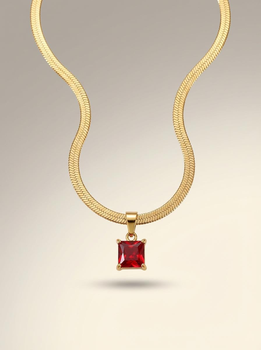 Crimson Serpent: Ruby-Tone Square Pendant Necklace