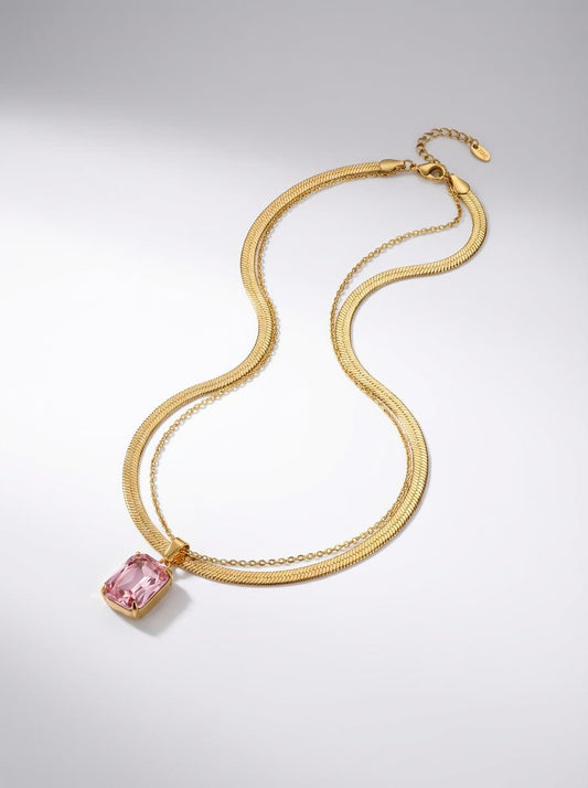 Rose Luxe: Layered Herringbone & Crystal Pendant Necklace