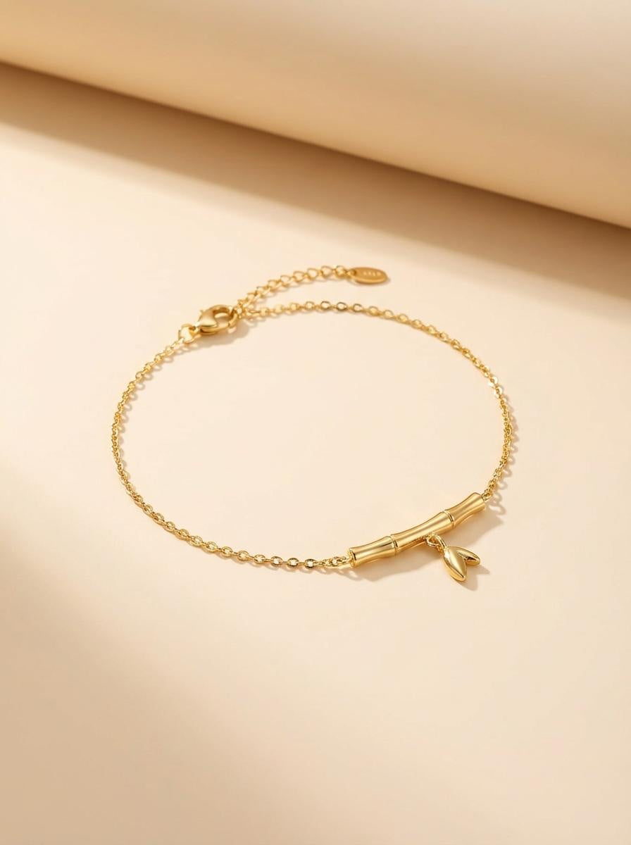 18k Gold Plated Bamboo Stick with leaf charm bracelet – Organic Nature-Inspired Jewelry