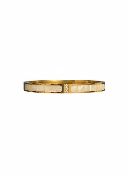 Luminous Mother-of-Pearl Inlay Bangle with Triple-Diamond Accent