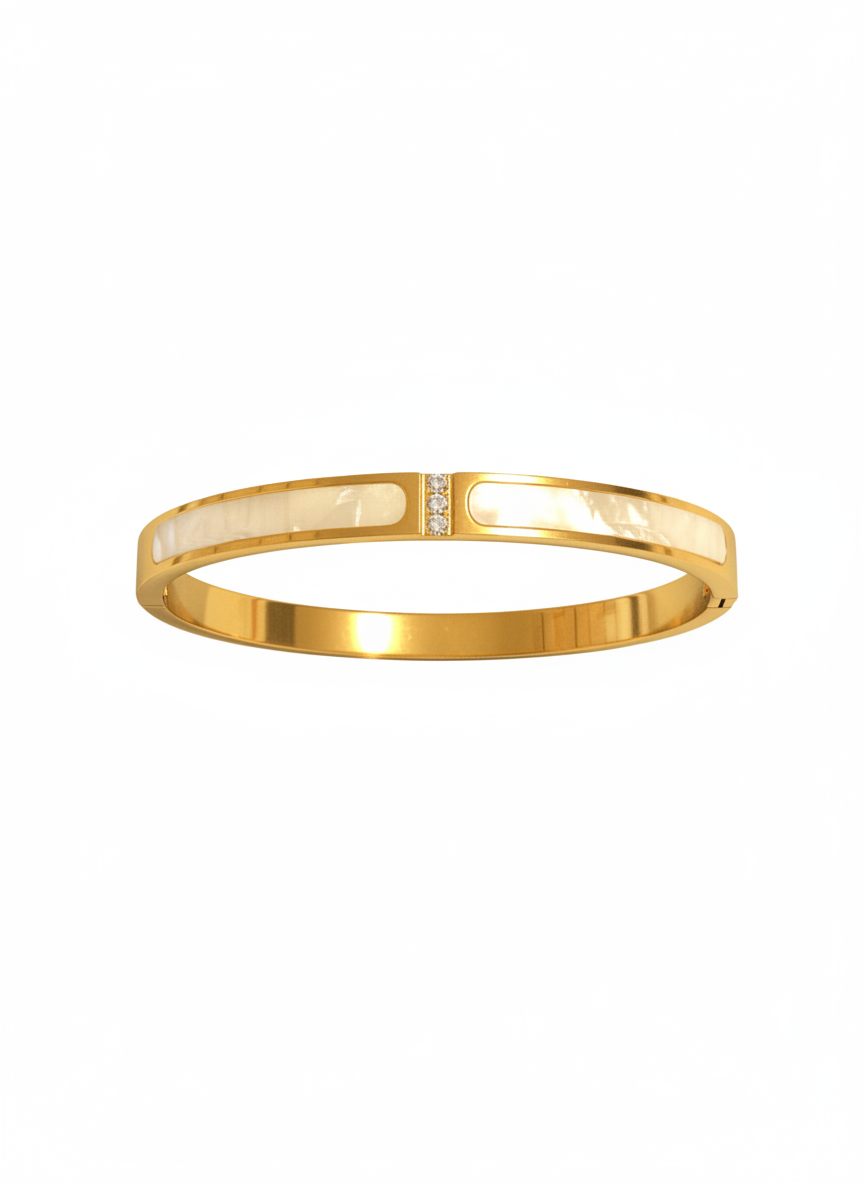 Luminous Mother-of-Pearl Inlay Bangle with Triple-Diamond Accent