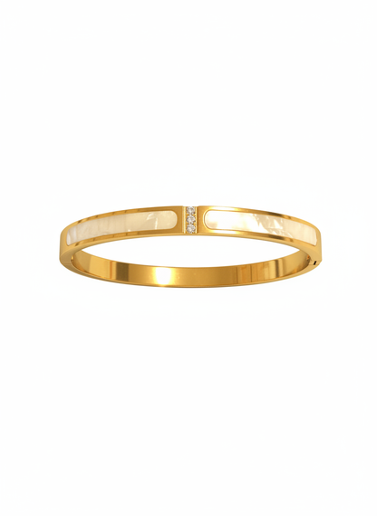 Luminous Mother-of-Pearl Inlay Bangle with Triple-Diamond Accent