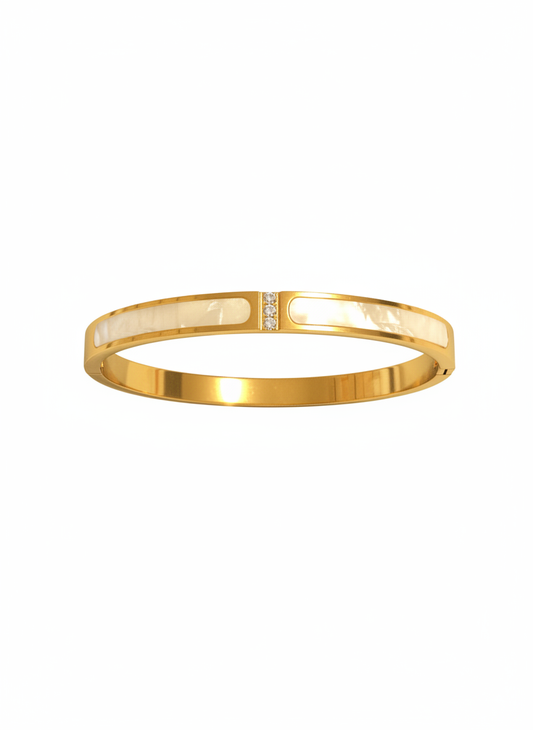 Luminous Mother-of-Pearl Inlay Bangle with Triple-Diamond Accent