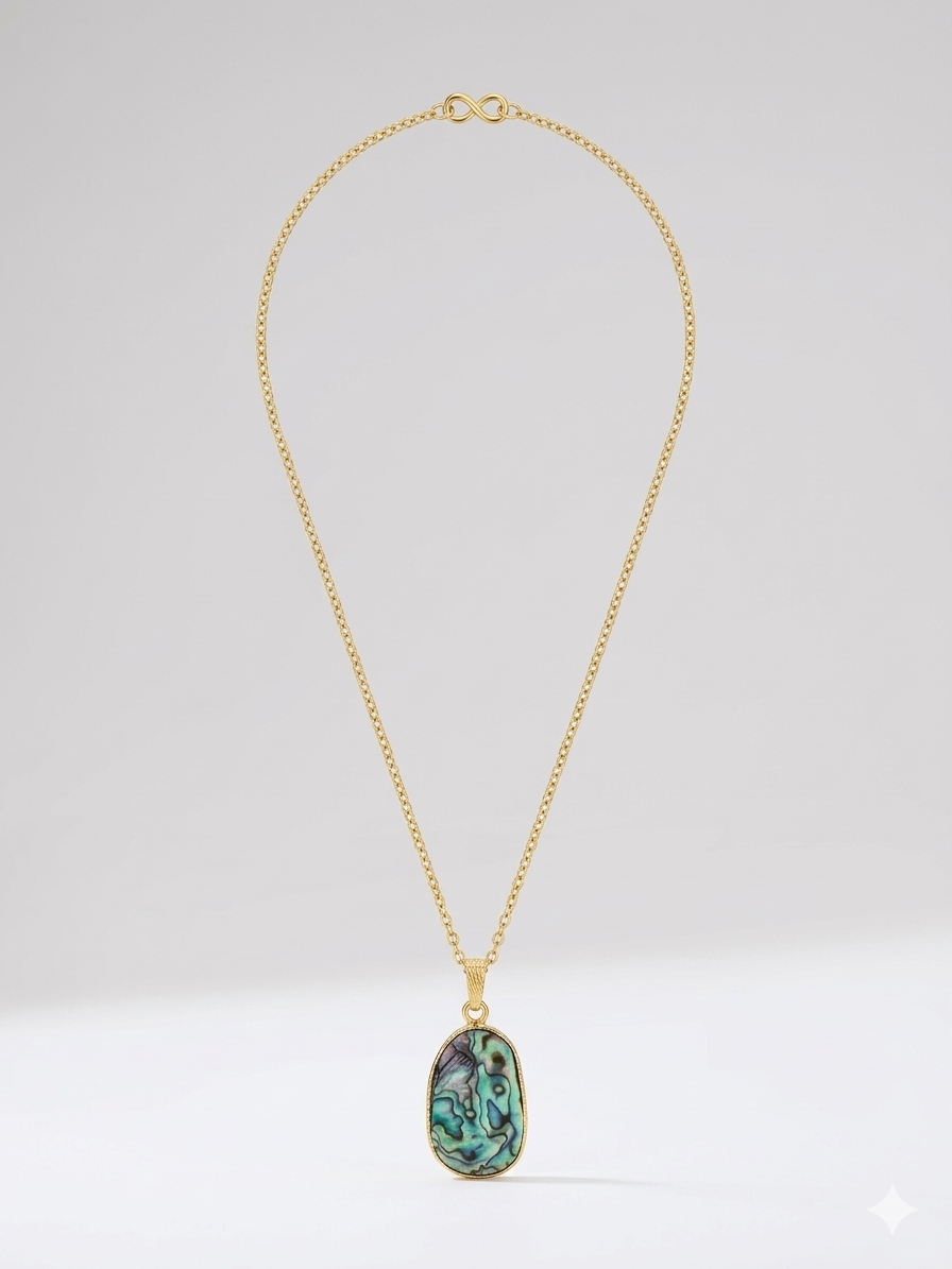 Iridescent Abalone Shell Pendant in Filigree Gold plated Brass Setting with Modular Chain and Hasli Collar Pairings