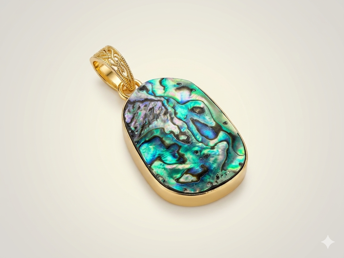 Iridescent Abalone Shell Pendant in Filigree Gold plated Brass Setting with Modular Chain and Hasli Collar Pairings