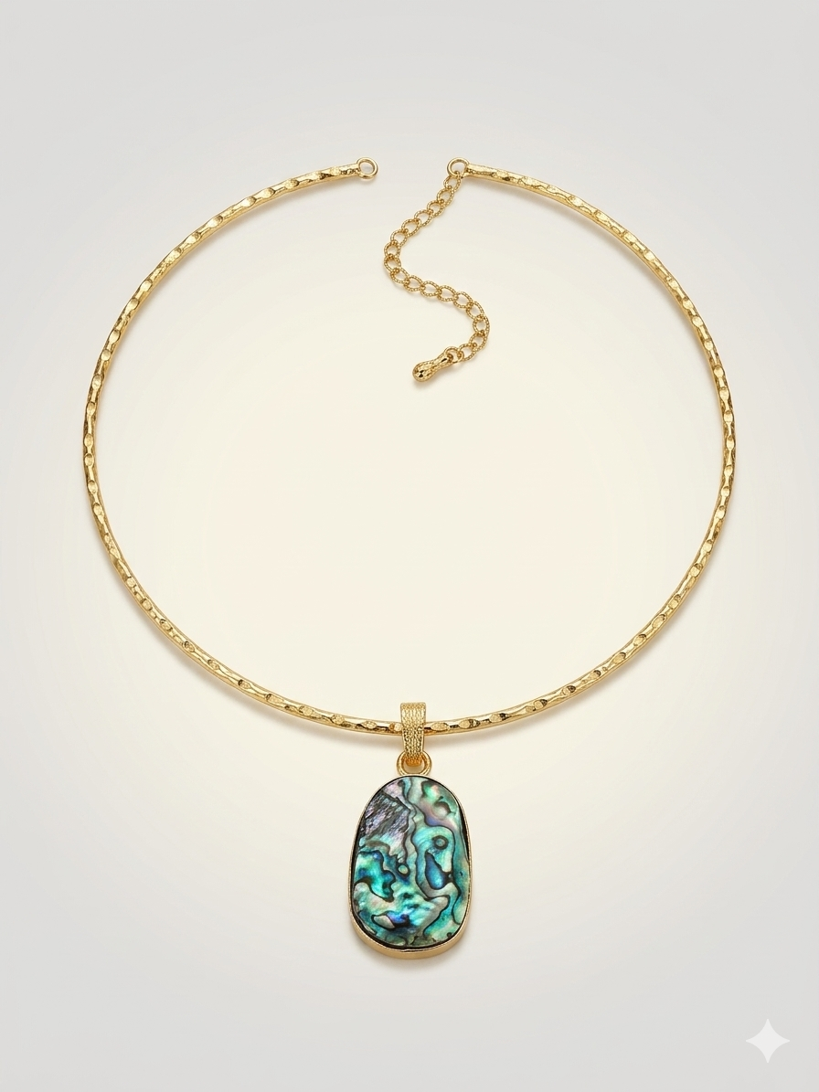 Iridescent Abalone Shell Pendant in Filigree Gold plated Brass Setting with Modular Chain and Hasli Collar Pairings