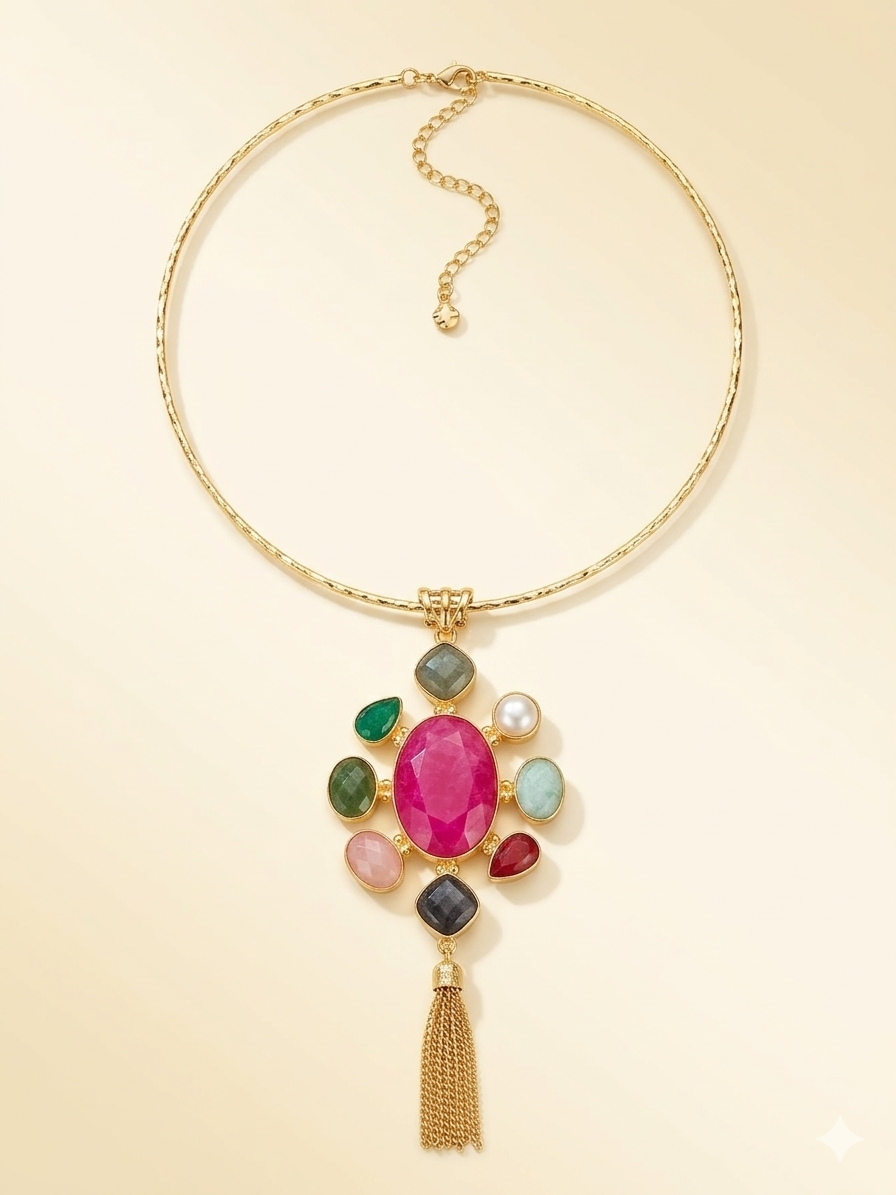 Iridescent Abalone Shell Pendant in Filigree Gold plated Brass Setting with Modular Chain and Hasli Collar Pairings