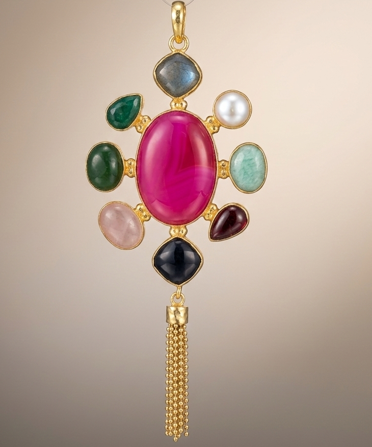 Iridescent Abalone Shell Pendant in Filigree Gold plated Brass Setting with Modular Chain and Hasli Collar Pairings