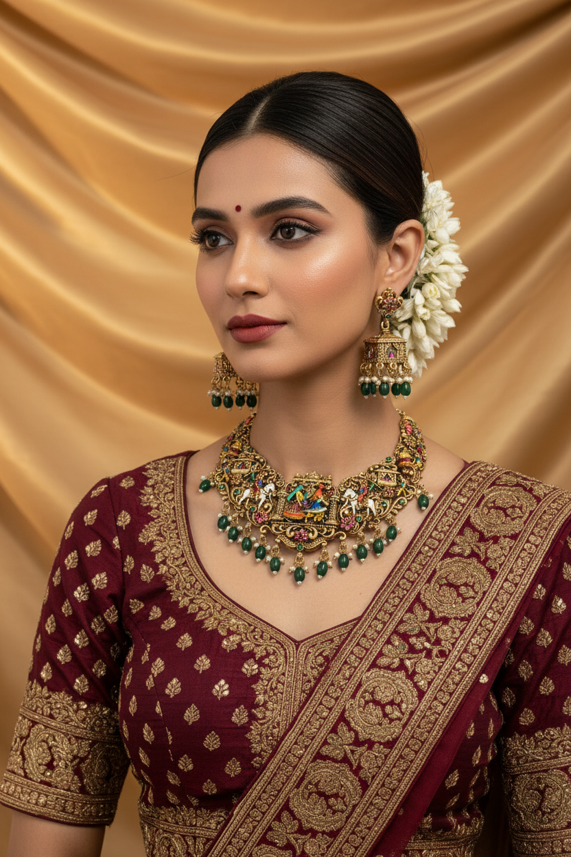 Royal Baraat & Varayatra Heritage Nakshi Necklace – Traditional 3D Wedding Procession Necklace & Jumka Jewelry Set in Antique Gold