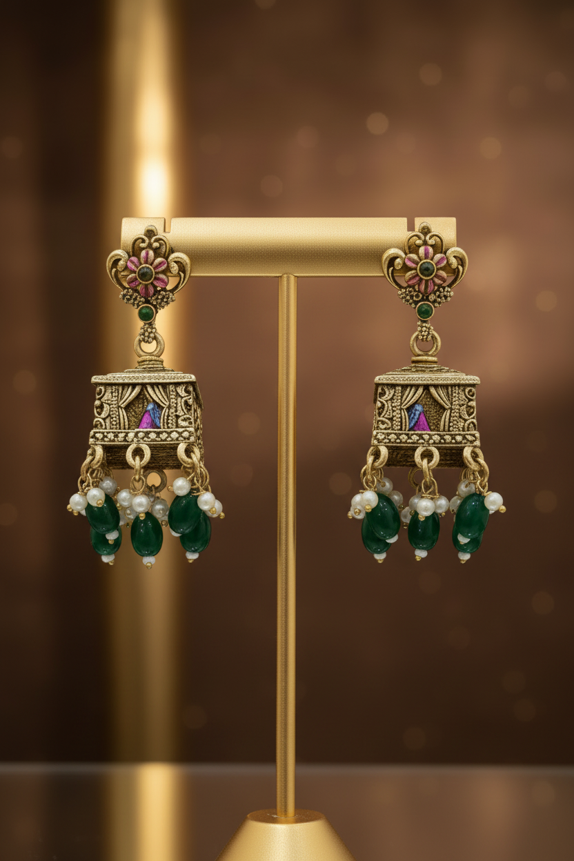 Royal Baraat & Varayatra Heritage Nakshi Necklace – Traditional 3D Wedding Procession Necklace & Jumka Jewelry Set in Antique Gold