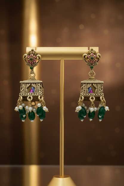 Royal Baraat & Varayatra Heritage Nakshi Necklace – Traditional 3D Wedding Procession Necklace & Jumka Jewelry Set in Antique Gold