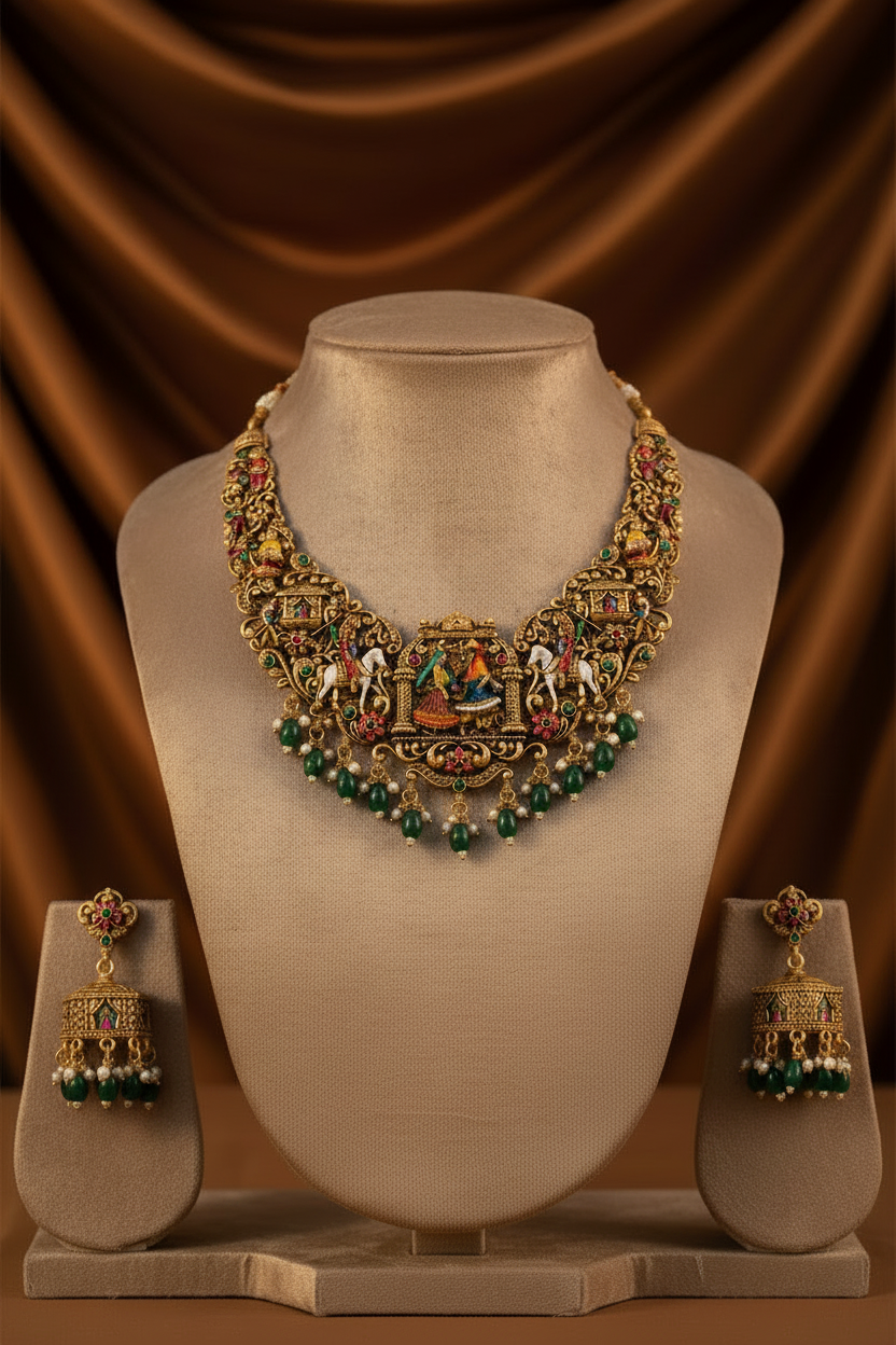 Royal Baraat & Varayatra Heritage Nakshi Necklace – Traditional 3D Wedding Procession Necklace & Jumka Jewelry Set in Antique Gold