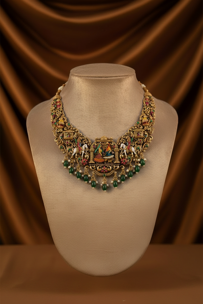 Royal Baraat & Varayatra Heritage Nakshi Necklace – Traditional 3D Wedding Procession Necklace & Jumka Jewelry Set in Antique Gold