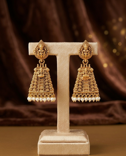 Heritage Gopuram with Divine Goddess Lakshmi Motif pearl hanging (Large Antique Finish)
