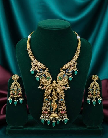 The Divine Krishna Temple Set [The Vrindavan Edit] Emerald-Green Beads & Antique Gold Finish