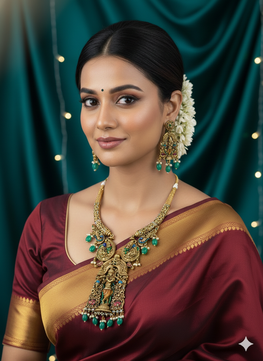 The Divine Krishna Temple Set [The Vrindavan Edit] Emerald-Green Beads & Antique Gold Finish
